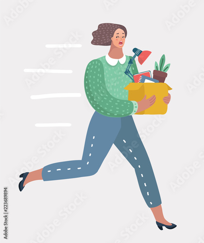 Disappointed woman Holding Box, Belongings.