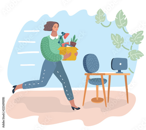 Woman holding a box with hand offering a new job.