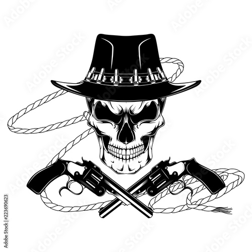 Skull in cowboy hat with pistols and lasso.