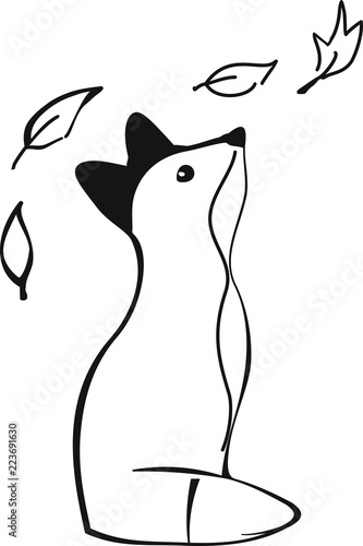 vector Autumn fox animal with falling leaves black and white picture for colouring print