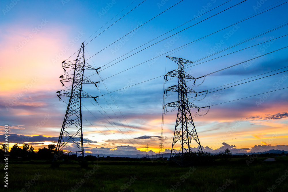 Fototapeta premium silhouette of high voltage electrical pole structure
