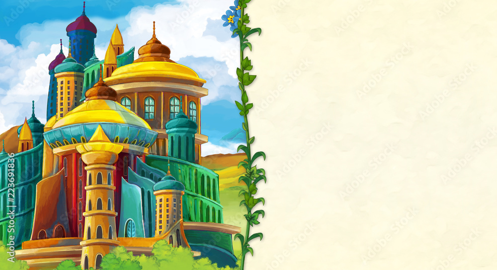cartoon scene with beautiful medieval castle and frame with space for text - illustration for children