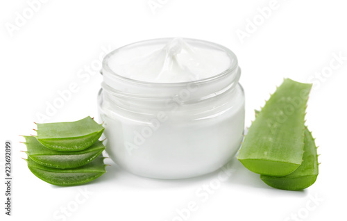 aloe vera and cream for skin on white background