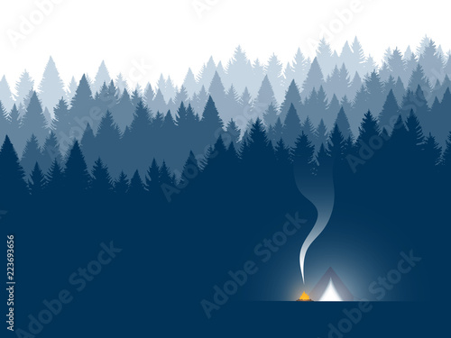 Forest background, coniferous trees. Vector illustration. Landscape with tent. Night camping. 
