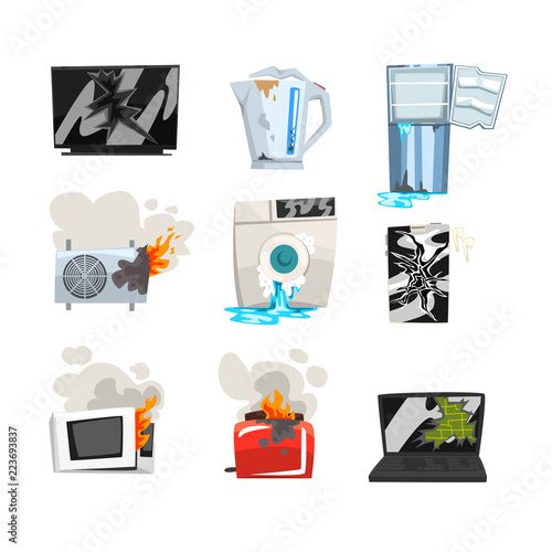 Damaged home appliance set, broken TV, kettle, refrigerator, air conditioner, washing machine, microwave oven, toaster, laptop, smartphone cartoon vector Illustrations on a white background