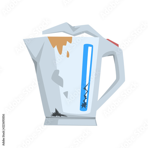 Broken kettle, damaged home appliance cartoon vector Illustration on a white background