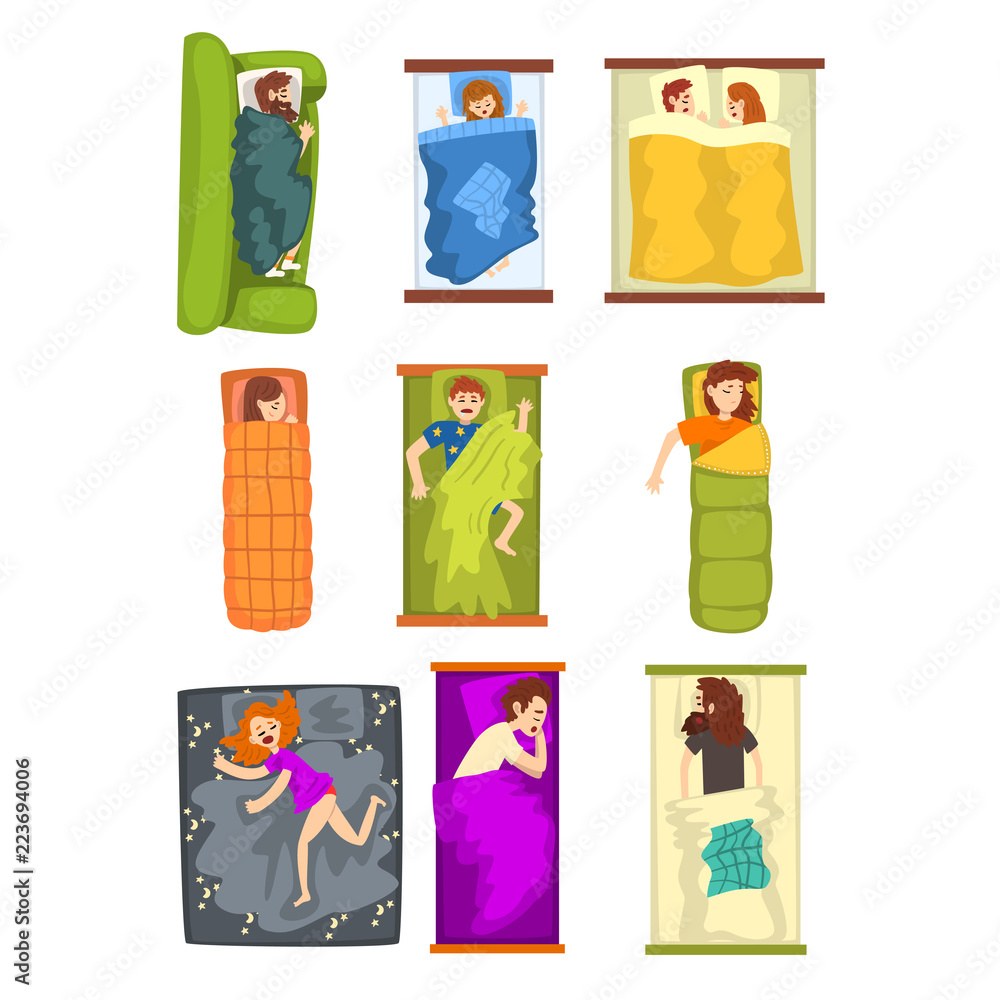 Fototapeta premium People sleeping set, man and woman sleeping in different positions on beds, sofas, sleeping bags, view from above vector Illustration on a white background