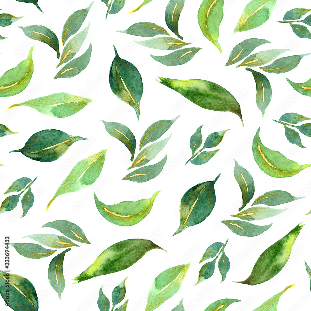 Watercolor seamless pattern of green leaves on white background