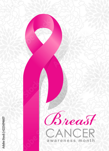 Breast cancer Awareness month banner with pink ribbon sign on abstract flowers background vector design