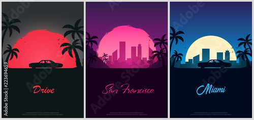Set of Vintage Posters with old car. Sunset at the California. Palms and City Landscape. Vector illustration.