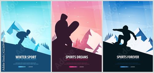 Set banners of Winter Sport. Ski and Snowboard. Mountain landscape. Snowboarder in motion. Vector illustration.