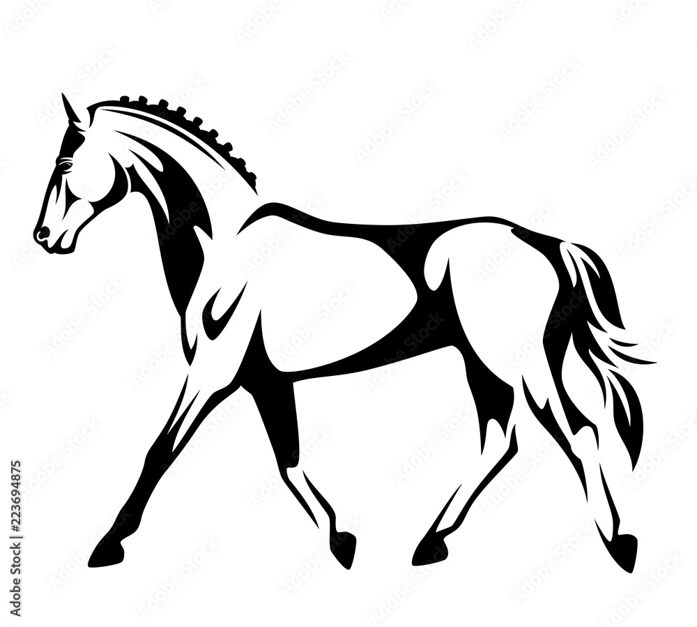 running horse black and white side view vector outline Stock Vector