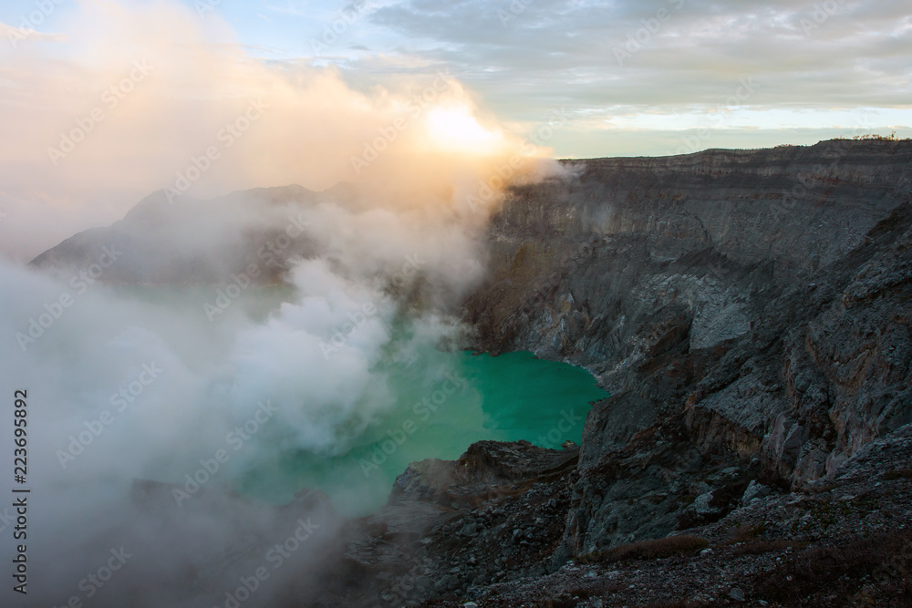 View from Ijen Crater, Sulfur fume at Kawah Ijen, Vocalno in Indenesia
