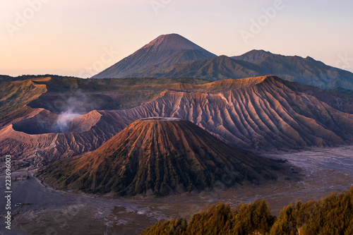 Mount Bromo volcano (Gunung Bromo) during sunrise from viewpoint on Mount Penanjakan, in East Java, Indonesia.