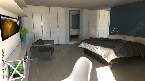 Camera da letto in stile moderno con armadi ed arredamento. Appartamento, progetto architettonico. 3d rendering photo
