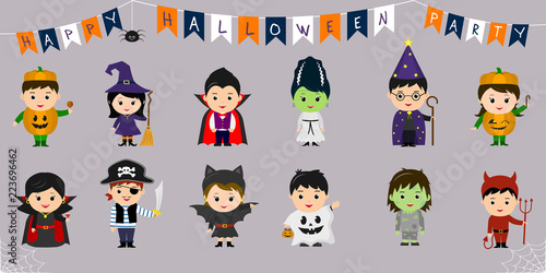 Mega set of Halloween symbols. Twelve pretty children in different costumes for Halloween isolated on a blue background. Cartoon, flat, vector