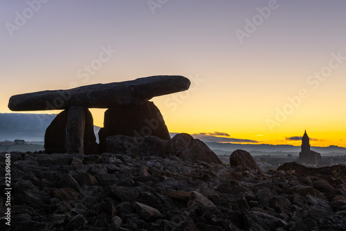 Dolmen of Chabola de la Hechicera at sunrise, Elvillar, Basque Country, Spain photo