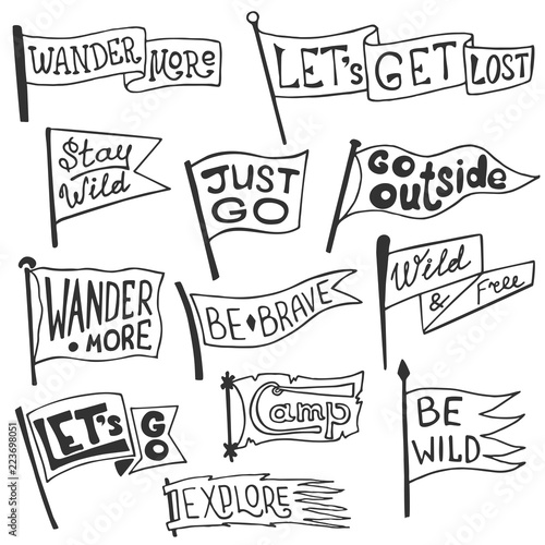 Set of adventure, outdoors, camping pennants. Retro monochrome labels. Hand drawn wanderlust style. Pennant travel flags design