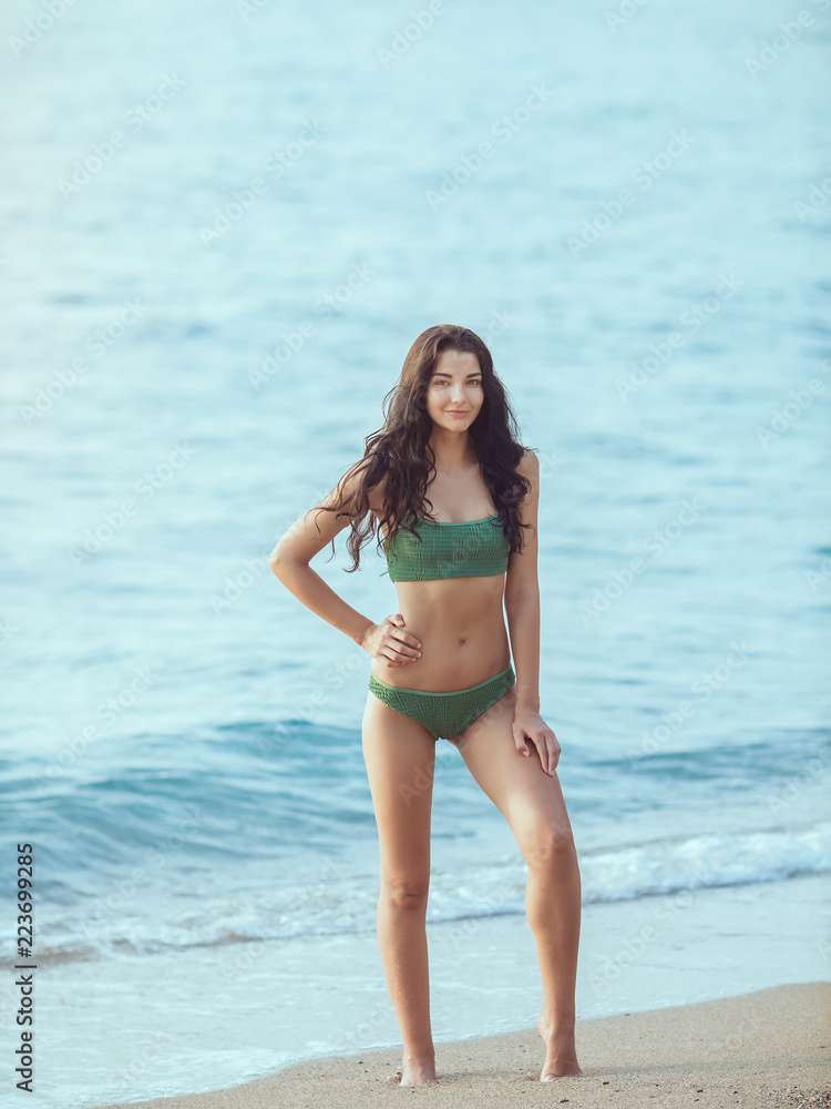 Beautiful happy smiling woman on the sea. Close-up portrait of beautiful sensual brunette mixed race Asian Caucasian woman standing on the beach. Beautiful happy smiling woman on the sea. Close-up portrait of beautiful sensual brunette mixed race Asian Caucasian woman standing on the beach.