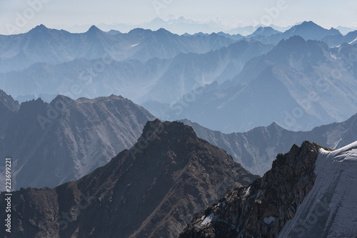Beautiful aerial landscape view of the Caucasus Mountains from a height of 4000 meters