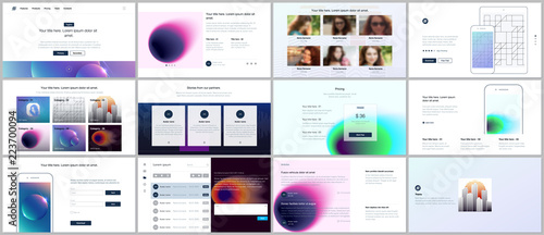 Vector templates for website design, minimal presentations, portfolio with colorful abstract gradient blurs and geometric backgrounds. UI, UX, GUI. Design of header, dashboard, features page, blog etc