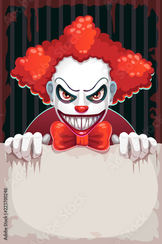 Creepy circus poster. Scary evil clown with paper banner in the hand.