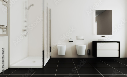 Scandinavian bathroom, classic vintage interior design. 3D rendering.