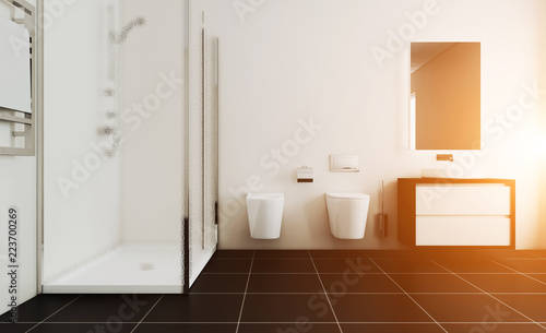 Scandinavian bathroom, classic  vintage interior design. 3D rendering. Sunset. © COK House