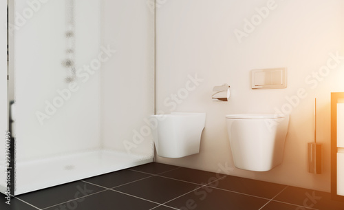 Scandinavian bathroom, classic vintage interior design. 3D rendering. Sunset.