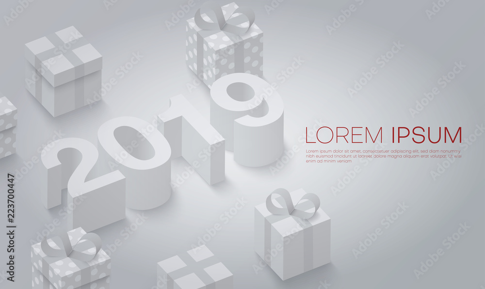 Happy New Year 2019 background with 3d gifts. Greeting card. Happy New Year 2019 background with 3d gifts. Greeting card.