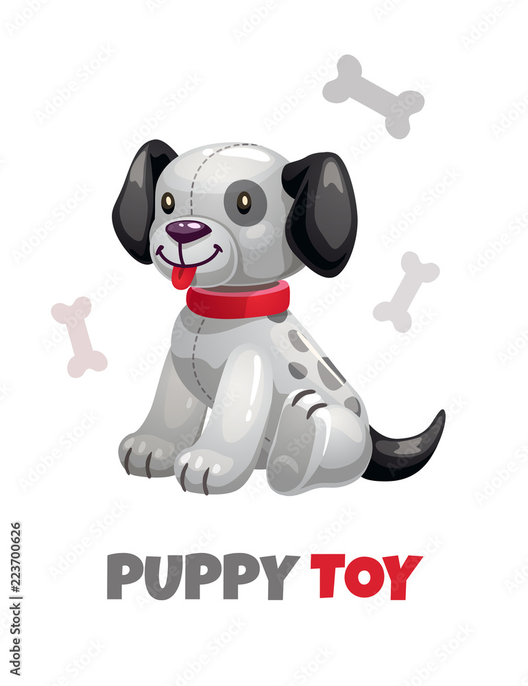 Cute funny textile puppy toy. Vector plush dalmatian toy.