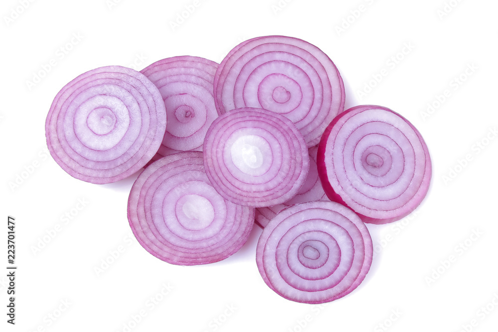 Rings of sliced red onion on white isolated background. vegetables. top view Rings of sliced red onion on white isolated background. vegetables. top view