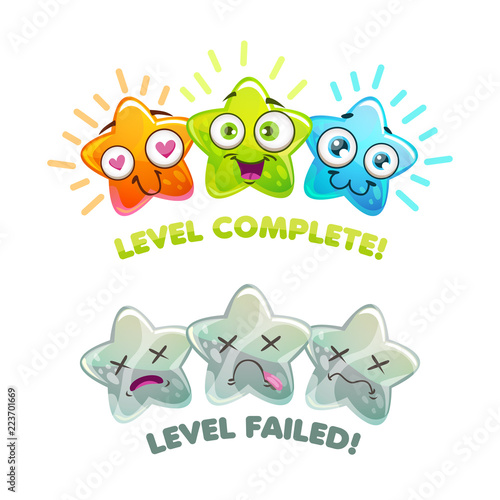 Level complete and level failed screens. Game over banners.