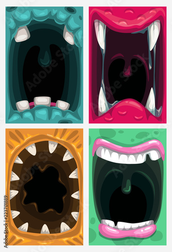 Scary monster mouth. Vector creepy posters set.