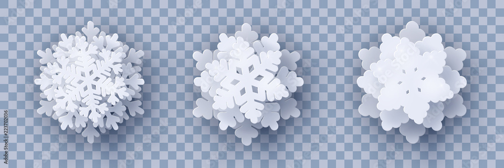 Vector set of 3 white Christmas paper cut 3d layered snowflakes with ...