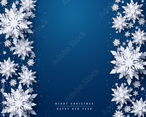Vector Merry Christmas and Happy New Year greeting card design with white layered paper cut snowflakes on blue background. Seasonal Christmas and New Year holidays paper art banner, poster template