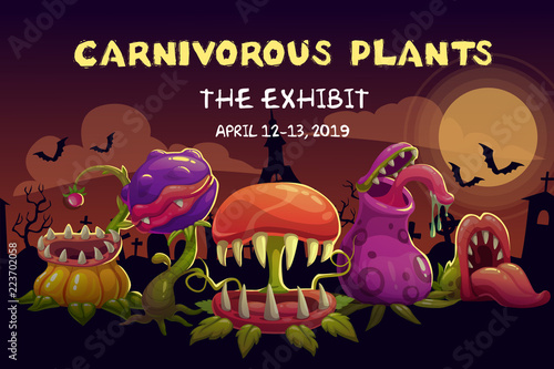 Carnivorous plants exhibition invitation banner. Vector scary illustration with dangerous monster flowers.