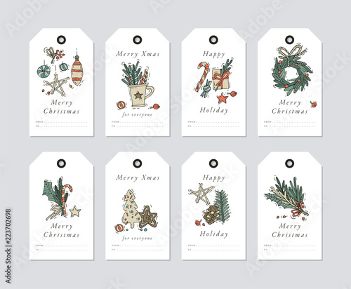 Vector linear design Christmas greetings elements on white background. Christmas tags set with typography and colorful icon.