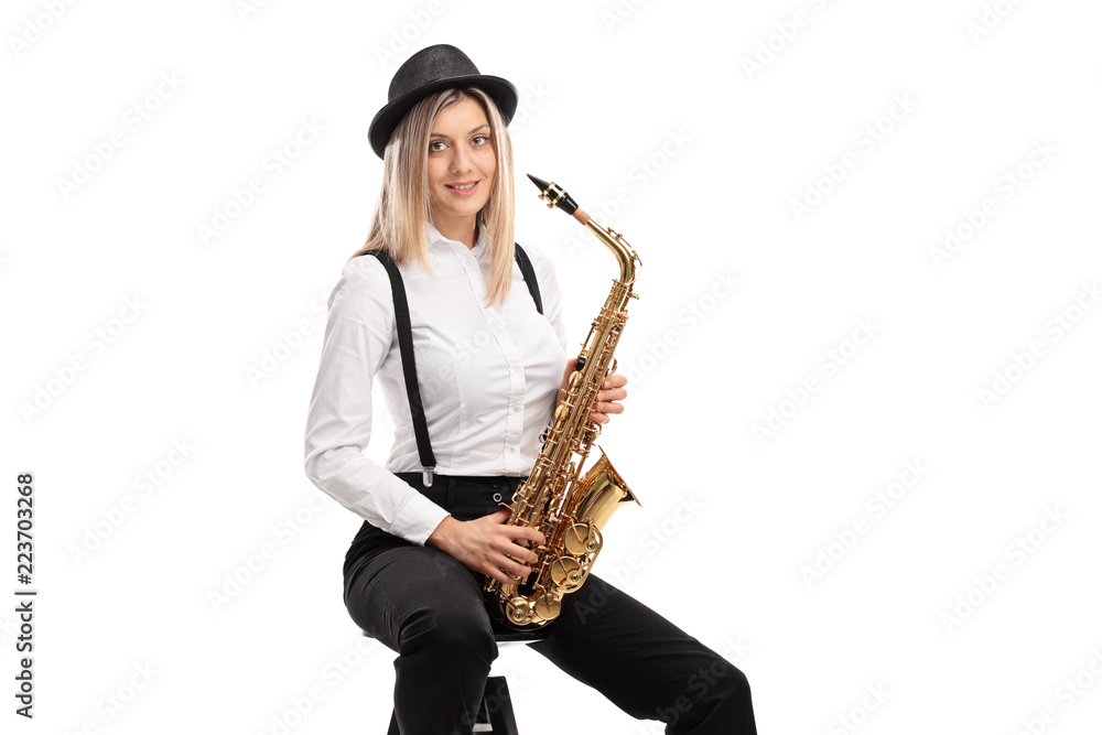 Naklejka premium Female jazz musician with a saxophone
