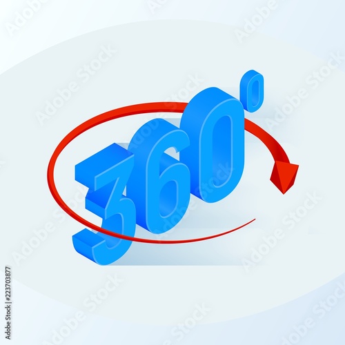 360 degrees icon. 3d isometric Angle 360 degrees view sign. Virtual reality. Geometry math symbol. Vector illustration.