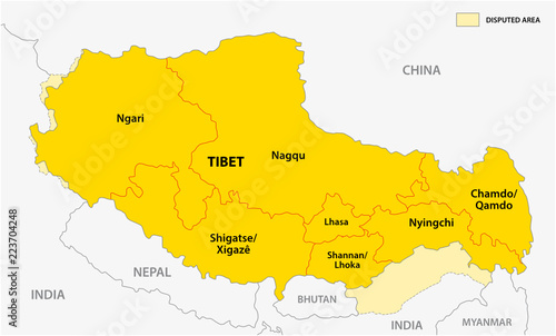 tibet administrative and political vector map with disputed border areas
