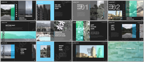 Travel concept presentations design, portfolio vector templates with graphic elements on black. Multipurpose template for presentation slide, flyer leaflet, brochure cover, report, advertising.