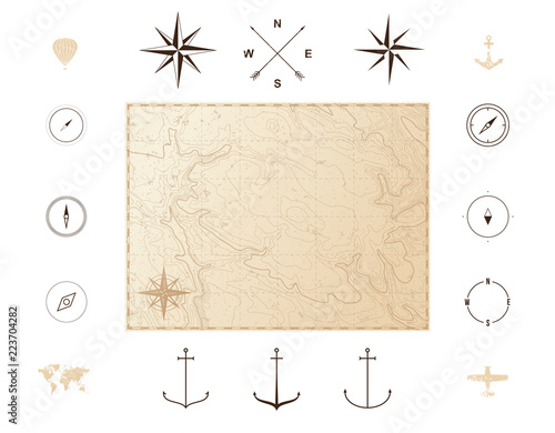 Old vintage map with icons. Compass roses. Vector illustration isolated on white background