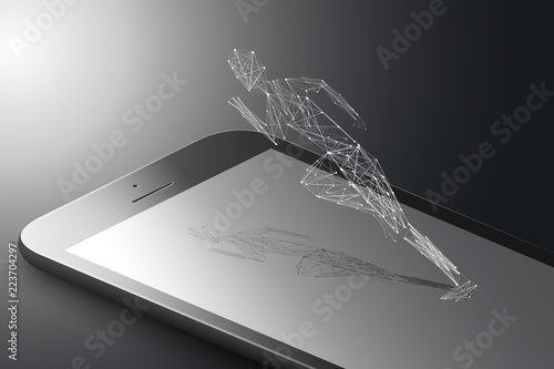 Augmented reality marketing concept. Black color smart phone with polygonal design running man. AR application background. 3D vector illustration.