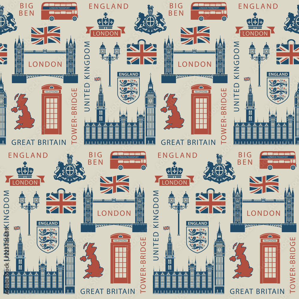 Vector seamless Background on UK and London theme with British symbols