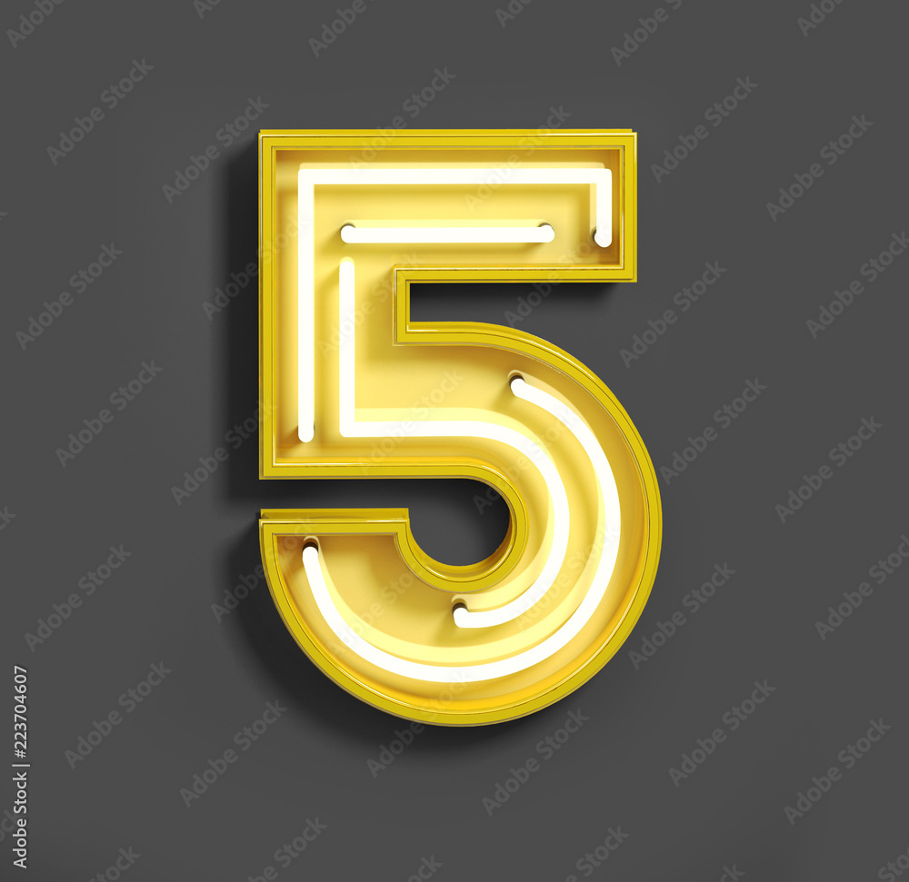 Bright Neon Font with fluorescent yellow tubes. Number 5 . Night Show Alphabet. 3d Rendering Isolated on Gray Background - obrazy, fototapety, plakaty 