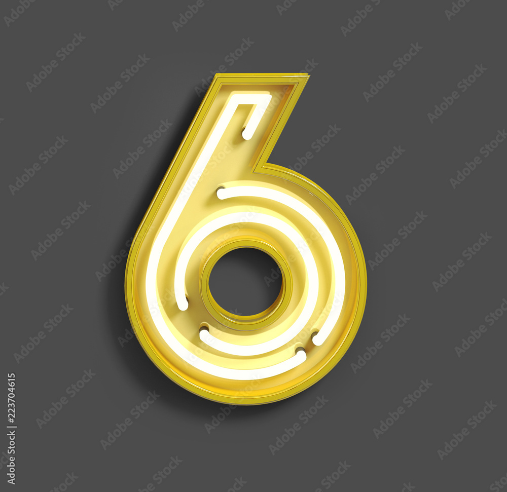 Bright Neon Font with fluorescent yellow tubes. number 6 . Night Show Alphabet. 3d Rendering Isolated on Gray Background - obrazy, fototapety, plakaty 
