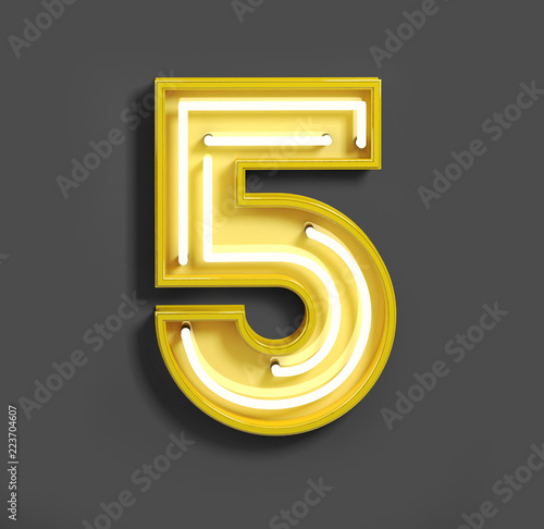 Bright Neon Font with fluorescent yellow tubes. Number 5 . Night Show Alphabet. 3d Rendering Isolated on Gray Background