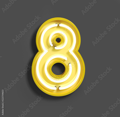 Bright Neon Font with fluorescent yellow tubes. Letter number 8. Night Show Alphabet. 3d Rendering Isolated on Gray Background photo