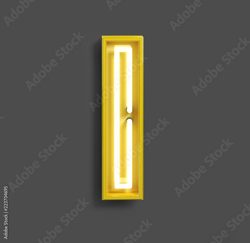 Bright Neon Font with fluorescent yellow tubes. Letter I. Night Show Alphabet. 3d Rendering Isolated on Gray Background